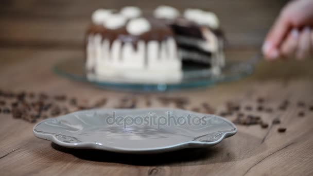 一个女人放在一块巧克力蛋糕一盘 — 图库视频影像