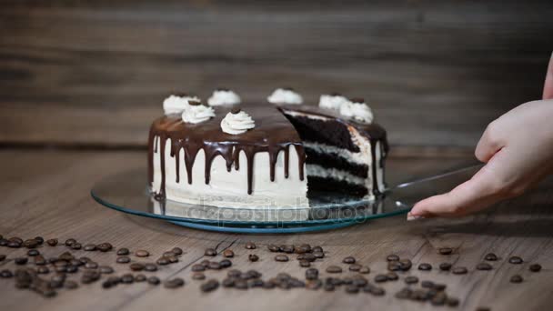 Top vista mão feminina tomando pedaço de delicioso bolo de chocolate . — Vídeo de Stock