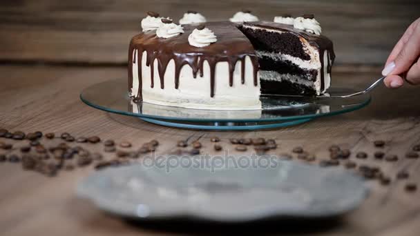 Una mujer pone en un plato de un pedazo de pastel de chocolate — Vídeos de Stock