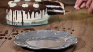 Çikolatalı pasta bir parça bir tabak içinde bir kadın koyar