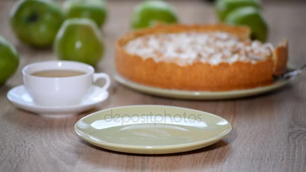 Положите в тарелку кусок яблочного торта с безе — стоковое видео