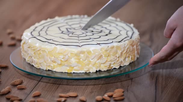 Beautiful cake of Esterhazy. Girl cook confectioner cuts a knife cake on slices — Stock Video