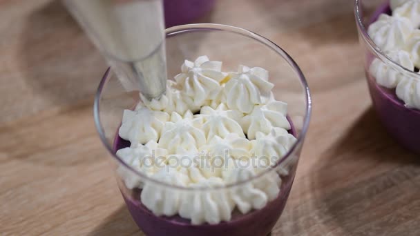 Decorate Panna Cotta Whipped Cream Squeeze Cream Pastry Bag — Stock Video