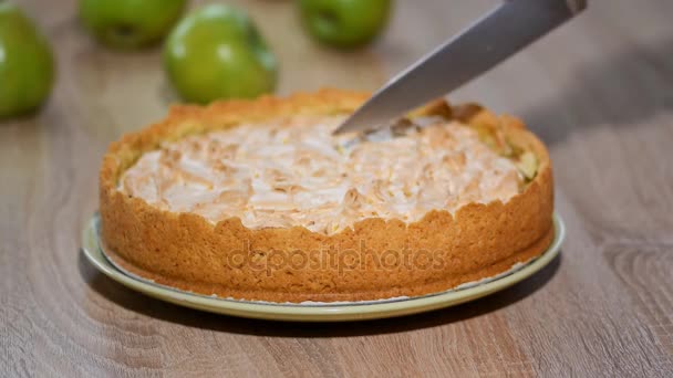 Mujer Cortada Con Cuchillo Pedazo Tarta Manzana — Vídeos de Stock