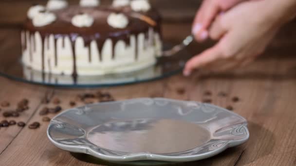 Mettre Dans Une Assiette Morceau Gâteau Café Chocolat — Video