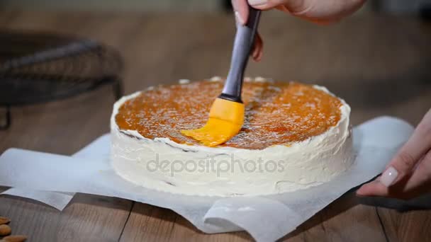 Preparation Cake Spreading Apricot Jam Cakes — Stock Video