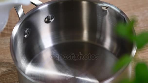 Saucepan Pouring Hot Milk Splash Bowl Breakfast — Stock Video