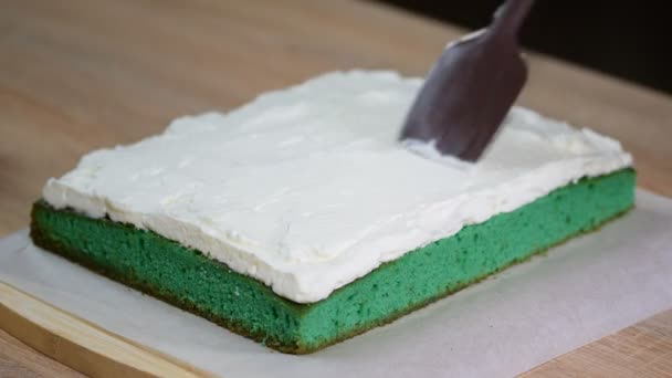 Torta con panna. Preparazione di torta in un negozio di caramelle . — Video Stock