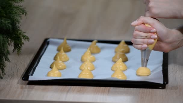Piping choux dough for profiteroles on baking paper — Stock Video