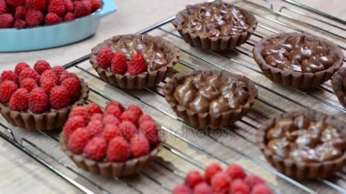 Çikolata tart çikolatalı krema ile kadın ahududu ile süsleyin