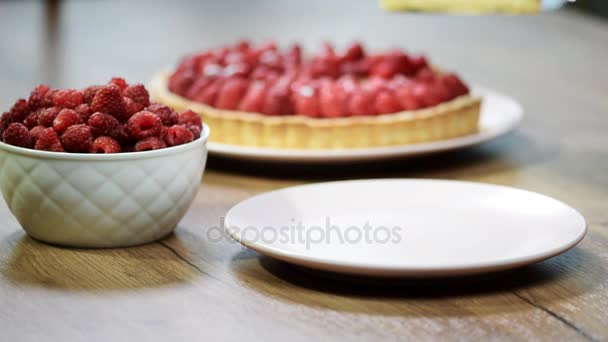 Put Bowl Piece Raspberry Tart — Stock Video