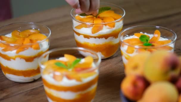 Garnish Mint Leaves Apricot Mousse — Stock Video