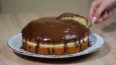 Kek muhallebi krem ve çikolata sır. Boston kremalı pasta parçası