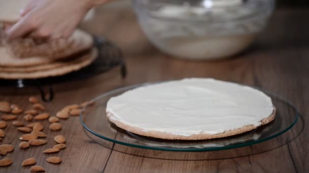 Kuchenschichten Stapeln Torte Mit Buttercremefüllung Zubereiten — Stockvideo