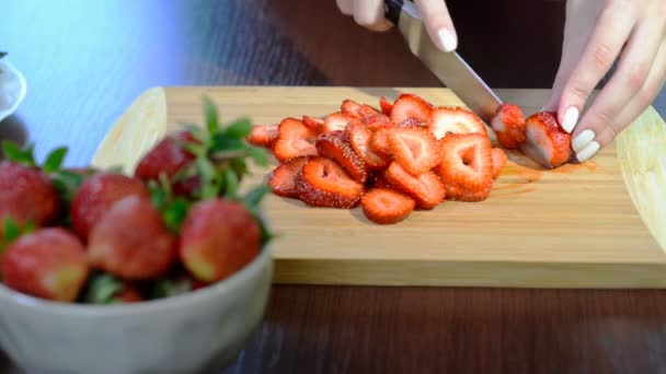 Cutting Strawberry Kitchen — Stock Video