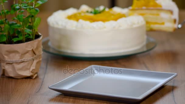 Положите в миску кусок персикового торта — стоковое видео