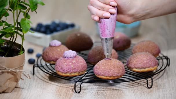 法式甜点配 Craquelin 与蓝莓奶油 — 图库视频影像