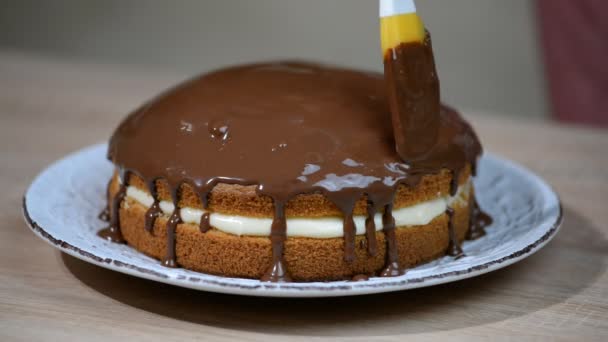 Boston Cream Pie Csokoládé Üvegezéssel — Stock videók