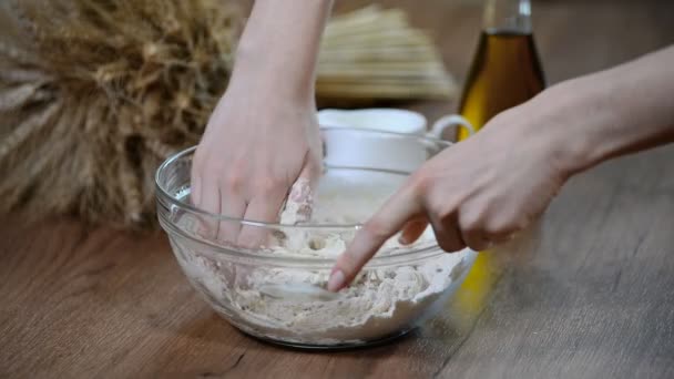 在面包店用女性的手做面团 — 图库视频影像