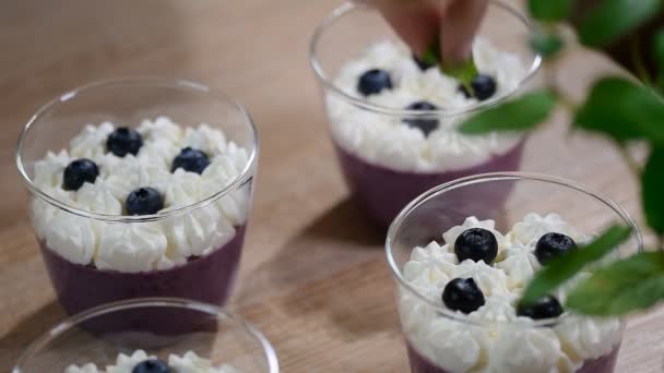 Decorate Mint Leaves Blueberry Panna Cotta Glass — Stock Video