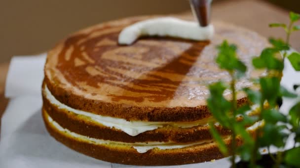 Homemade cream cake with peaches — Stock Video