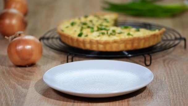 Torta Francesa Com Cebola Queijo Close Comida — Vídeo de Stock