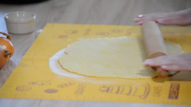 Woman Rocking Rolls Dough Table — Stock Video