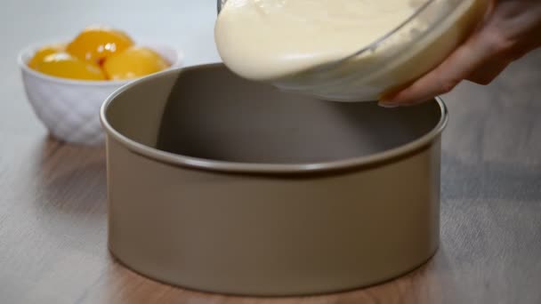 Woman Pours Dough Baking Dish — Stock Video