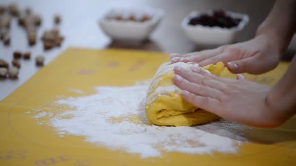 Female Hands Flour Closeup Kneading Dough Table — Stock Video