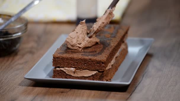 女性の手汚れケーキとチョコレート クリーム — ストック動画