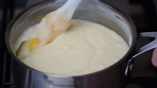 Woman Making Custard Saucepan Cooker Hob — Stock Video