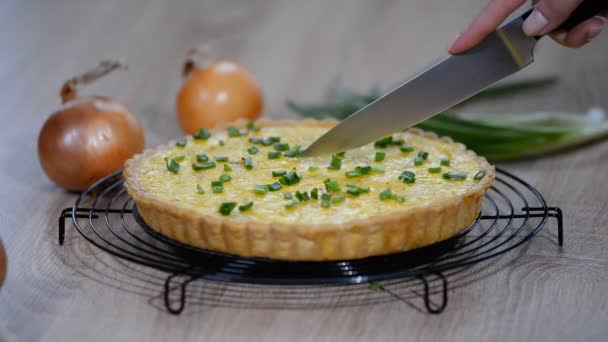 Torta Francesa Com Cebola Queijo Torta Cebola Redução Com Uma — Vídeo de Stock