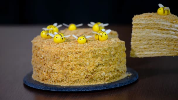 Dulce pastel de miel en capas caseras. Ponga un pedazo de pastel de miel en un plato — Vídeo de stock