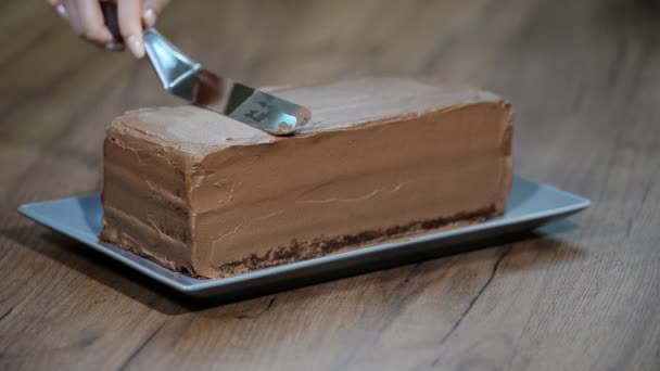 Vrouwelijke Handen Uitstrijkjes Cake Met Chocolade Crème — Stockvideo