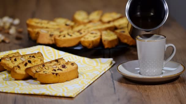 Kopje Zwarte Koffie Cantuccini — Stockvideo