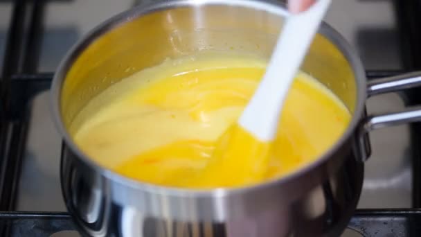 Freshly Prepared Lemon Kurd Custard Fruit Juice Saucepan Whipped Whisk — Stock Video