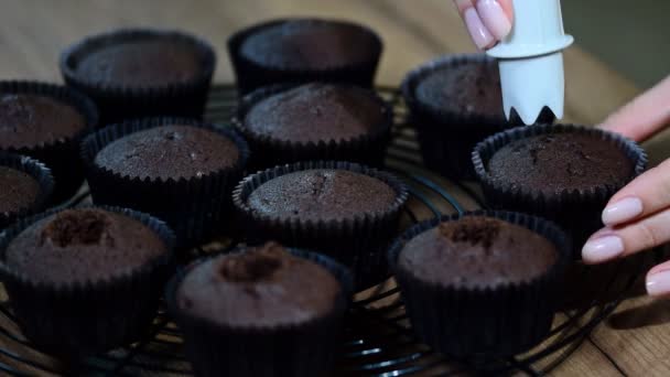 Voorbereiding Van Cupcakes Worden Gevuld — Stockvideo