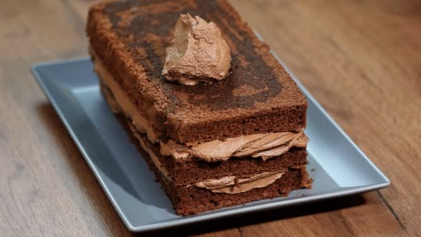 Yemek Kek Çikolatalı Krema Ile Sünger Kek Hamur Işi Çanta — Stok video