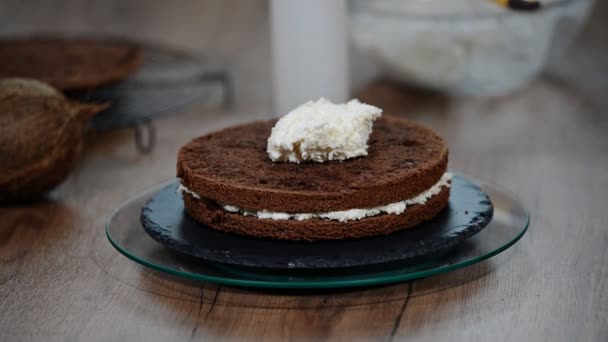 Koken Gebak Chocolade Biscuit Met Room Spuitzak — Stockvideo