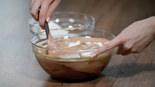 Confectioner Cooks Dough Hand Plastic Spatula Stirs Dough Bowl Baking — Stock Video