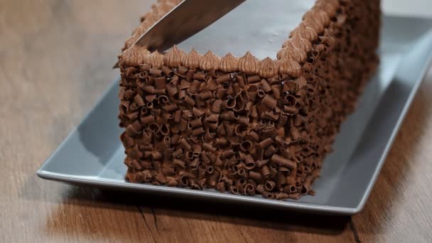 テーブルの上の切断のチョコレート ケーキをクローズ アップ — ストック動画
