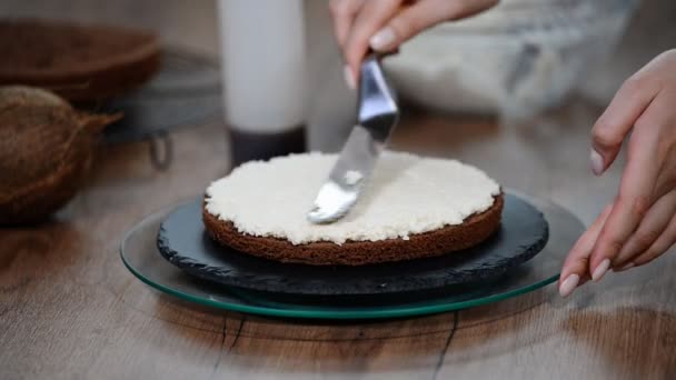 Cocinar Pastel Pastel Esponja Chocolate Con Crema Bolso Pastelero — Vídeos de Stock