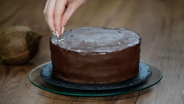 Decorating Chokladkaka Med Kokosflingor — Stockvideo