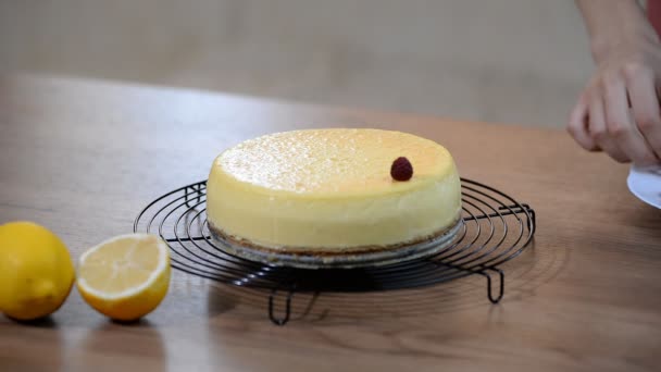 Zelfgemaakte New York cheesecake. Cheesecake New York raspberry versieren — Stockvideo