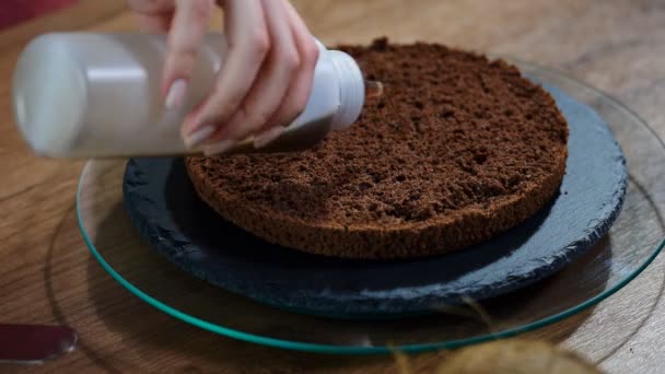 Imprégnation Avec Sirop Biscuit Chocolat Cuire Gâteau Chocolat — Video