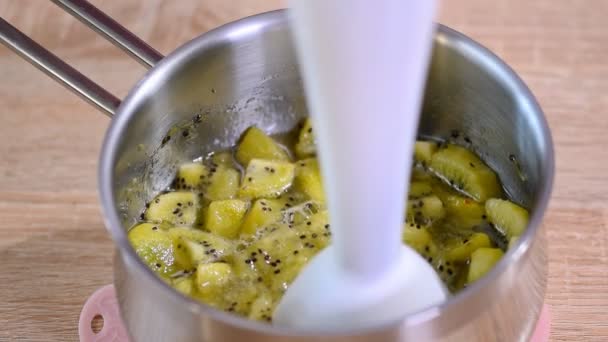 Mélange Fruits Kiwi Hachés Avec Mélangeur Main — Video