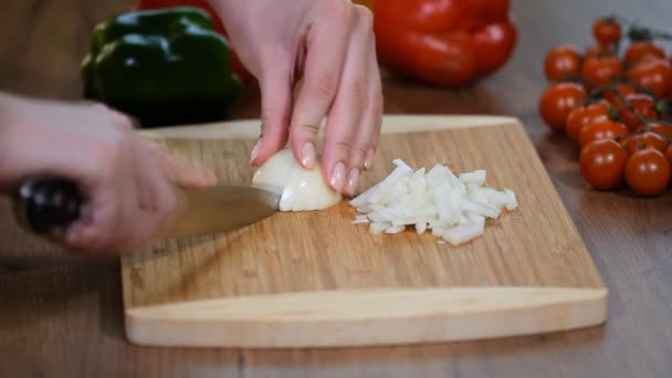 Koch Schneidet Eine Zwiebel Mit Dem Messer — Stockvideo
