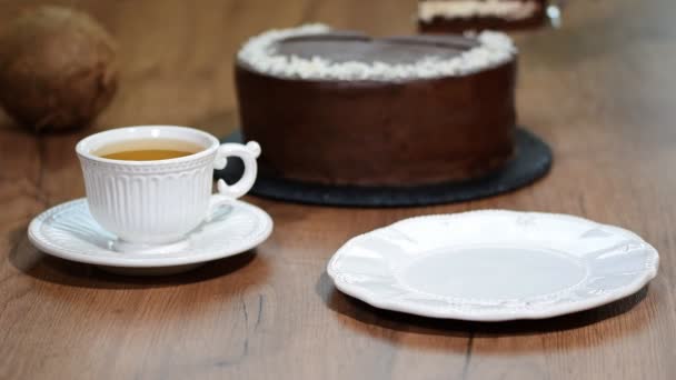 Ein Stück Schokoladenkuchen Einen Teller Geben — Stockvideo