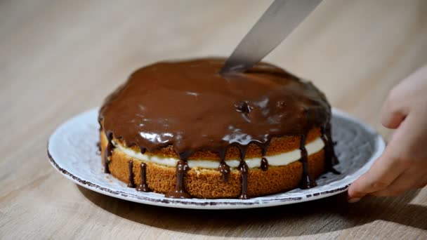 カスタード クリームとチョコレート ケーキ釉 パイの部分をカットします — ストック動画