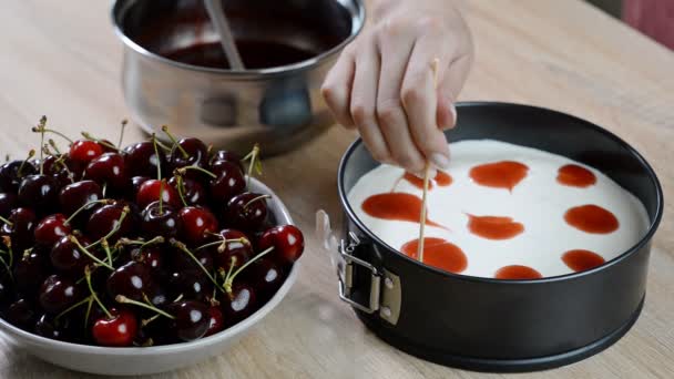 Making Sweet Cheesecake Cherry — Stock Video